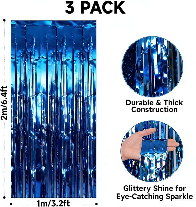 jijAcraft 3 Pack Metallic Blue Tinsel Foil Fringe Curtain, Party Photo Backdrop, Lake Blue Streamers for Ocean Themed Mermaid Under the Sea Party Boy Birthday Baby Shower Graduation Decorations