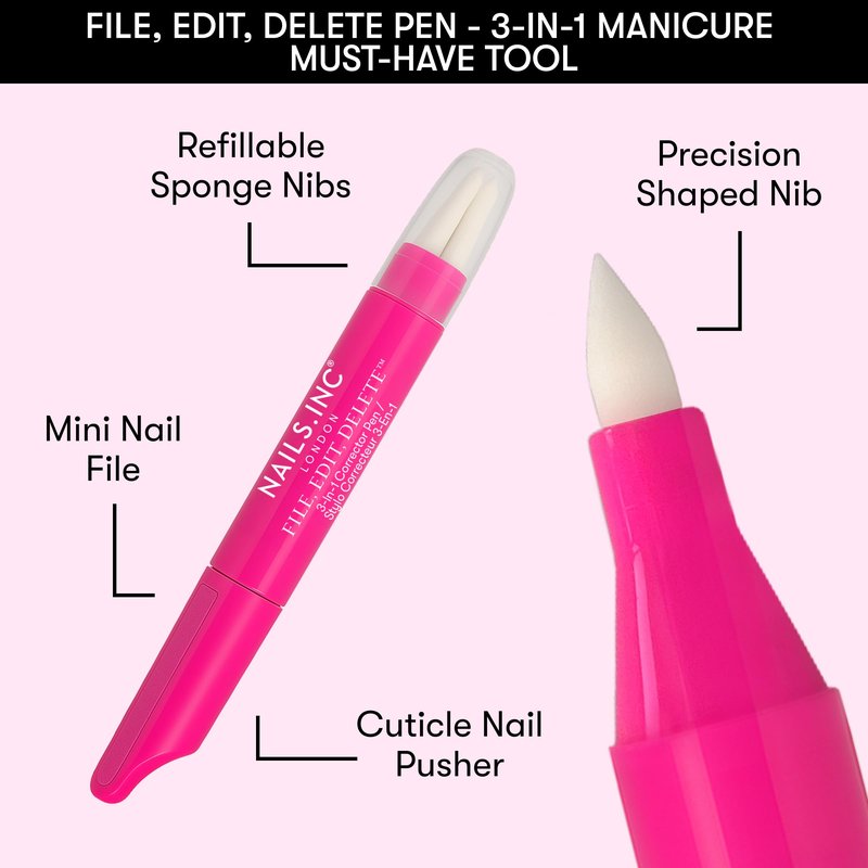 Nails Inc File, Edit, Delete 3-in-1 Corrector Pen, Cuticle Pusher, Nail Shaper, Nail Polish Remover, Precision Pointed Tip, Easy Clean Up, Replaceable Fine Pen Tips, Clean Gentle Formula, 0.13 FL