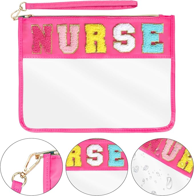 Chenille Letter Bag, Multi-purpose Nylon Clear Makeup Cosmetic Bags Flat Pouches with Zipper for Travel, Gym, Beach (Red-Nurse)