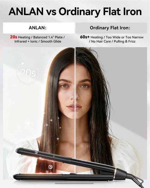 ANLAN Infrared Hair Straightener, 1.4" Ceramic Flat Iron with 20s Fast Heating, Negative Ions, 210–460°F Adjustable, Dual Voltage & Auto Shut-Off for Smooth, Shiny Styles