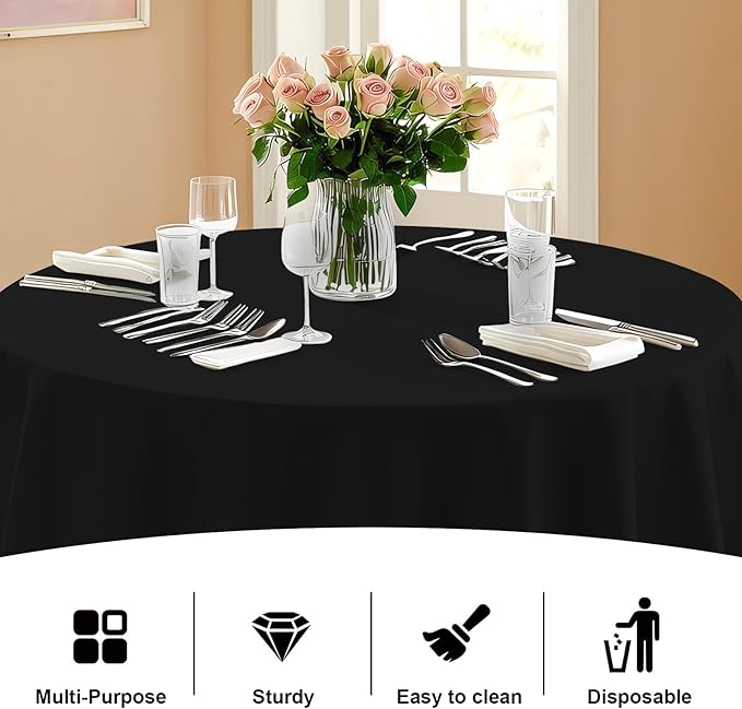 6 Pack Premium Black Plastic Table Cloth -96 Inch Round Tablecloth, Disposable Tablecloth Plastic Table Cover for Parties (6, Black, 96" Round)