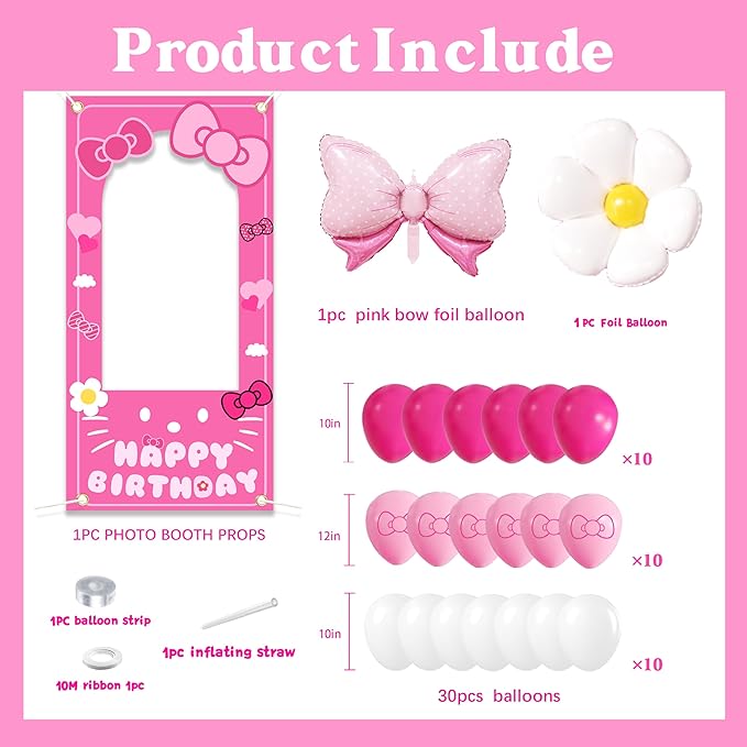 Birthday decorations for girls,Happy Birthday Banner, 35 Balloons,Pink bow Foil Balloon,Photo Booth Props for women (Pink Cat)