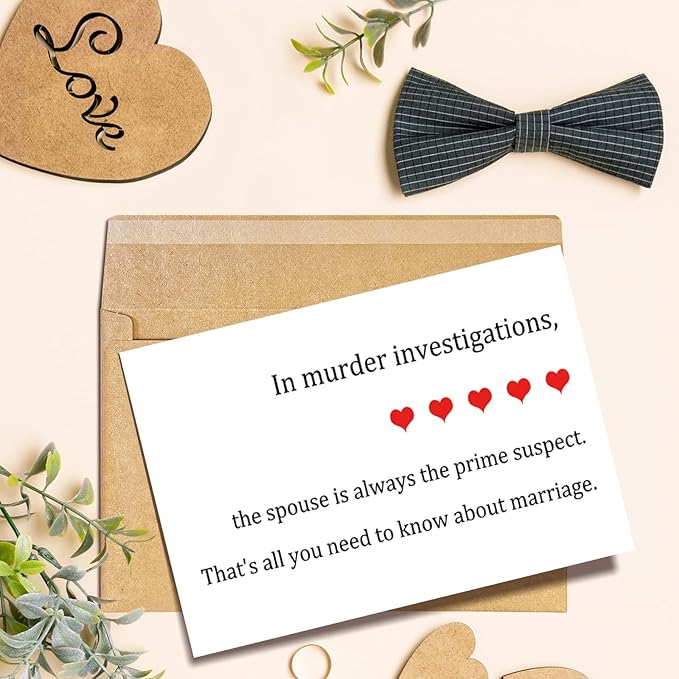 Funny Wedding Card for Bride Groom to Be, Humorous Engagement Card for Couple, Snarky Wedding Shower Card for Women Men, Bridal Shower Card for Him Her, The Spouse Is Always the Prime Suspect