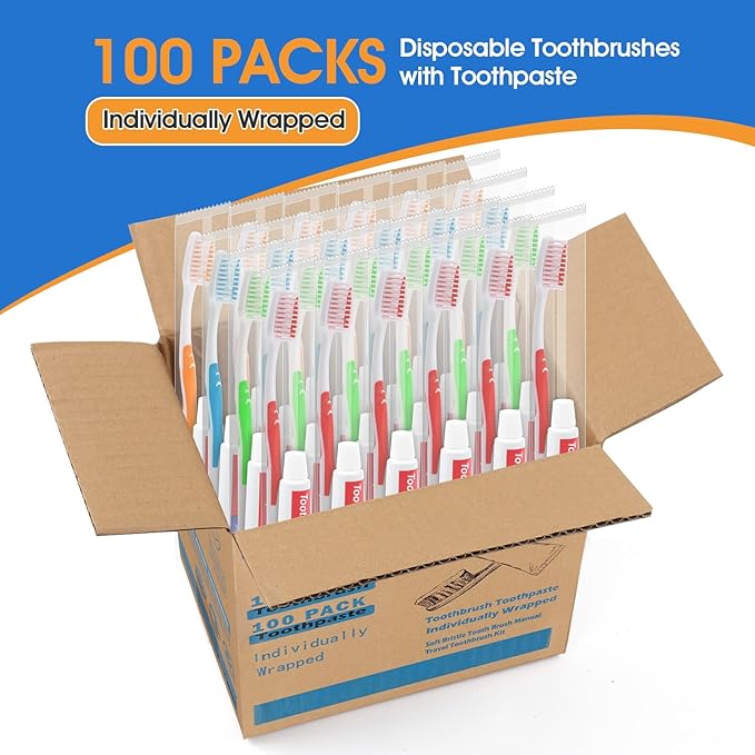 HOMVLE 100 Packs Disposable Toothbrushes with Toothpaste, Individually Wrapped Buld Toothbrush and Toothpaste Buld for Travel Size Toiletries, OCC, Airbnb, Dentist, Office/4 Colorful
