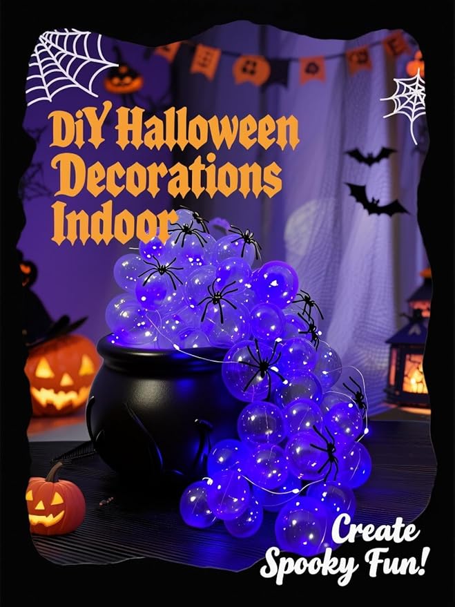 Halloween Decorations Indoor - DIY Bubbling Cauldron Set with 10pcs Simulation Spider, Halloween Hocus Pocus Party Decor with 9.84ft LED Light,Spooky Vintage Decor for Home Kitchen Room