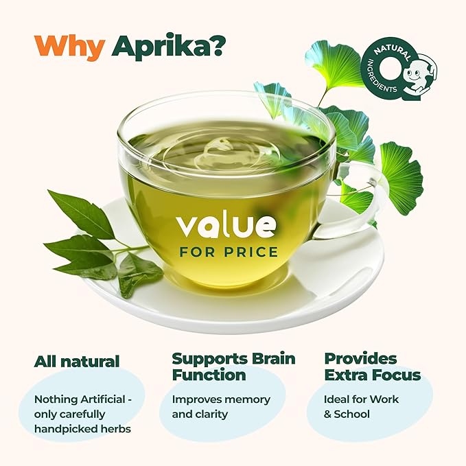 AprikaLife - Focus and Concentration Herbal Tea 100% Natural Herbal Tea Created by Herbalists - Yerba-Mate, Lemon Balm, Ginko Biloba, Thyme, Rosemary. Improves Attention & Energy – 60 Bags