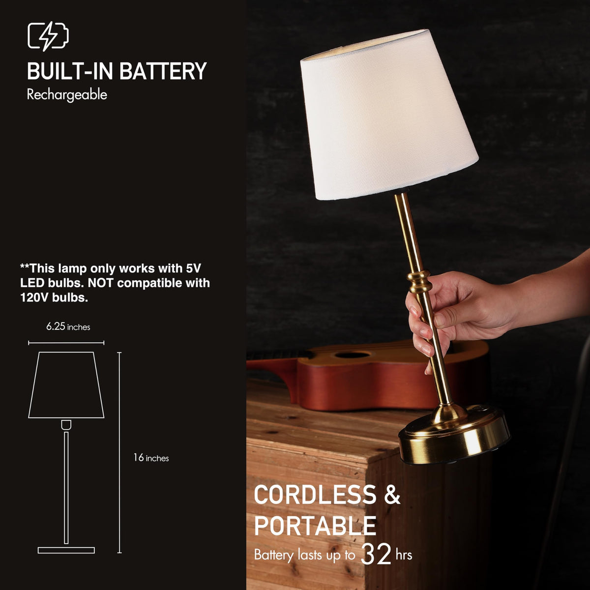 O’Bright Seraph - Cordless LED Table Lamp with Dimmer, Built-in Rechargeable Battery, 3-Level Brightness, Patio Table Lamp, Bedside Night Lamp, Ambient Light for Restaurant, Antique Brass
