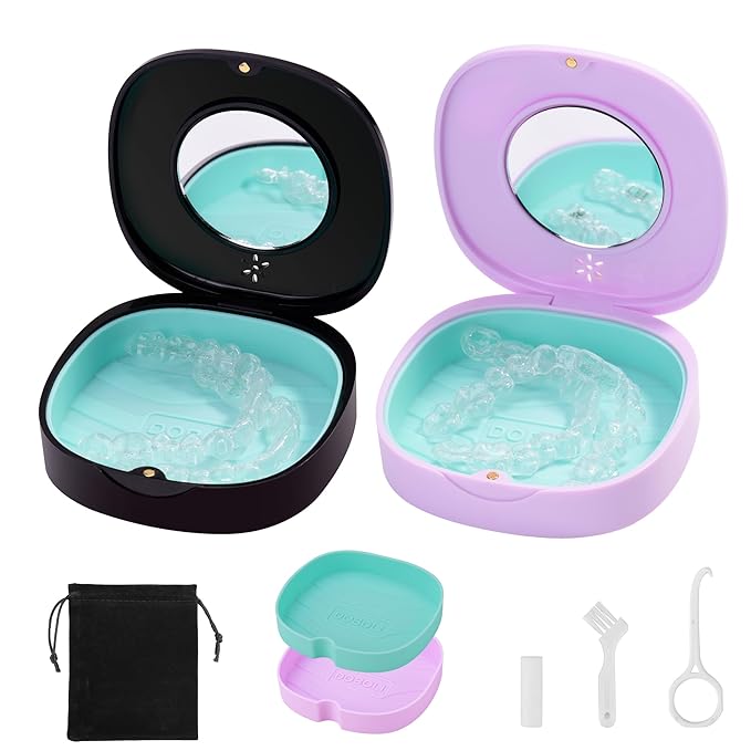 2 Pack Retainer Case with Vent Holes, stocking stuffers for gift women men,Compatible with Invisalign,Night Guards,and Mouth Guards Case - Includes Storage Bag,Slim Aligner Remover Tool