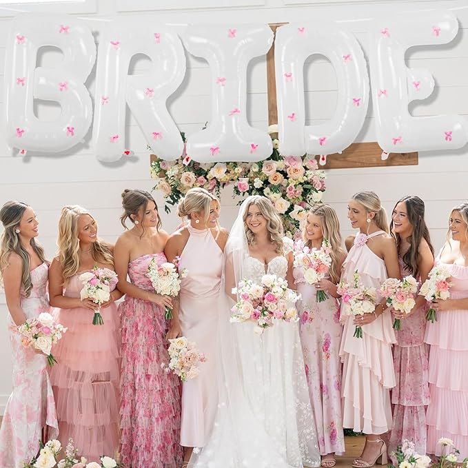 40Inch White BRIDE Balloon + Pink Bows for Bachelorette Party Decorations, Large BRIDE Mylar Foil Letter Balloons, Bride To Be Banner for Bridal Shower Photo Booth Engagement Wedding Hen Party Decor