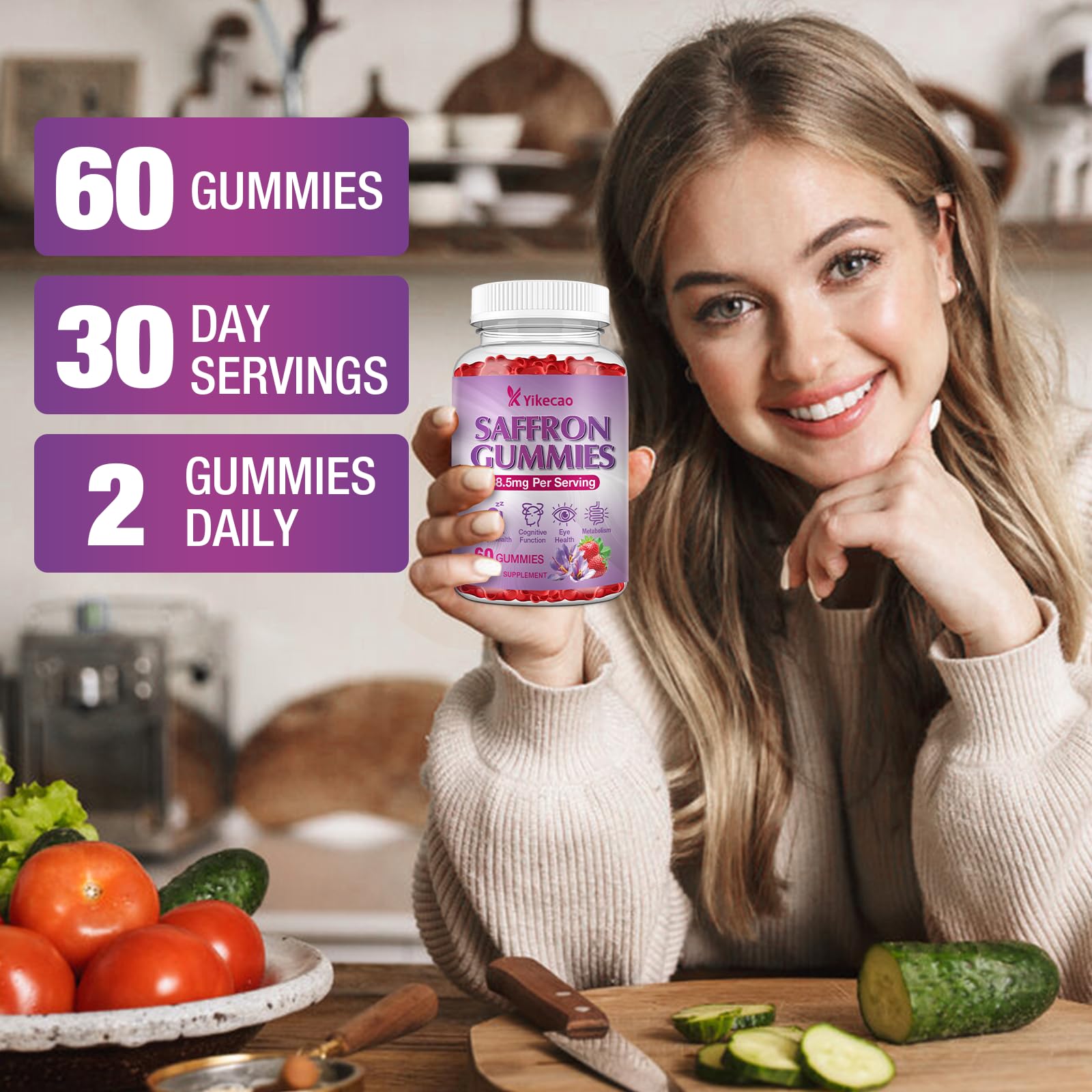 2 Pack Saffron Supplements Gummies for Kids & Adult, 88.5mg Saffron Extract with Vitamin D3, B6, Magnesium, Ashwagandha, L-Theanine for Clam, Energy, Focus, Sugar-Free, Strawberry Flavor, 120 Count