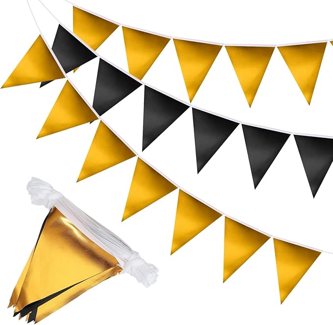 PATIKIL Pennant Banner Flags 33 Ft, 36 Pcs Colorful Triangle Banners Party Banner Bunting Garland String for Graduation Birthday Wedding Outdoor Decoration, Glitters Black/Gold