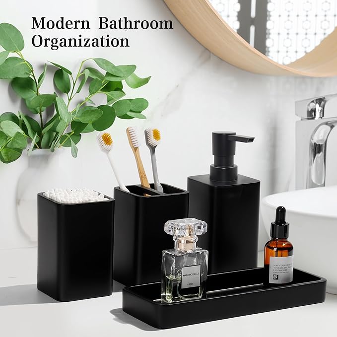 Bathroom Accessories Set, 4 Pcs Bathroom Accessory Set, Soap Dispenser, Toothbrush Holder, Qtip Holder Set, Bathroom Sets Complete, Bathroom Sink Set for Modern Home,Matte Black