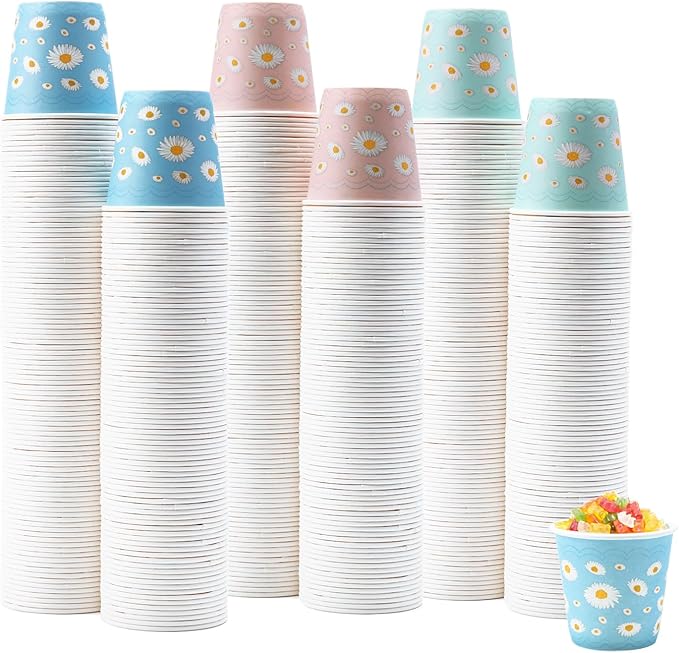 Tamone 600 Pack 3 oz Paper Cups, Small Bathroom Cups, Disposable Cups, Mini Paper Cups Daisy Design Pink, Blue, Mouthwash Cups for Party, Picnic, BBQ, Travel, Home and Event