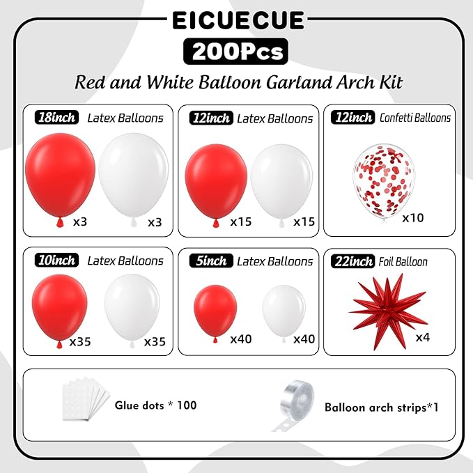 Red and White Balloons Garland Arch Kit with Stars 200Pcs - 5 10 12 18 22 inch Balloon and Confetti Balloons for Valentine's Day Christmas Engagement Birthday Anniversary Party Decorations