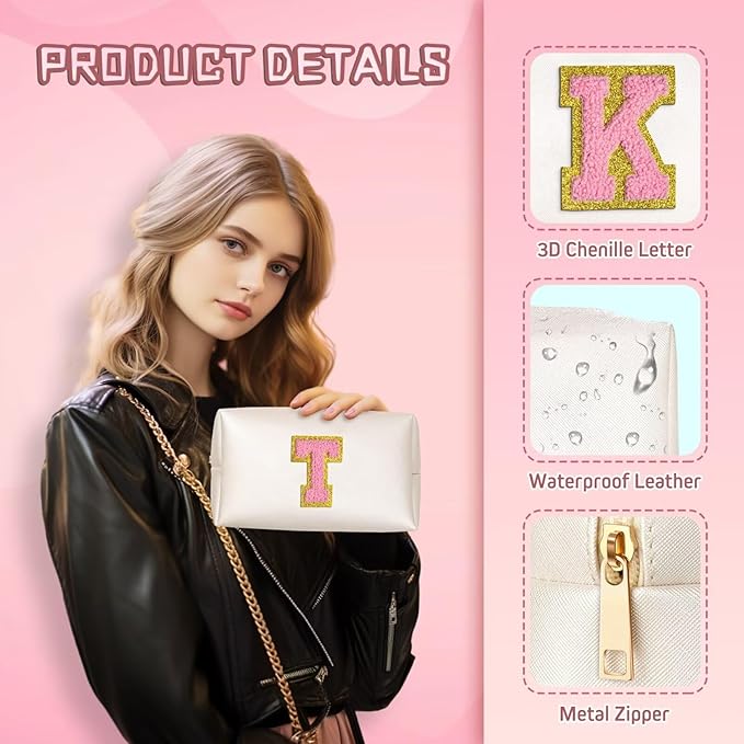 TOPEAST Personalized Birthday Gifts for Women, Preppy Patch Makeup Bag, Chenille Letter Pouch Cosmetic Bag, Travel Organizer, Gifts for Friends Cute Stuff for Women (Pearly White L)