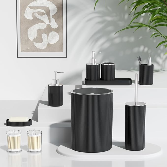 Black Bathroom Accessories Set, 10PC Bathroom Set, Bath Accessory with Pop Up Trash Can, Soap Dispenser, Toilet Brush, Toothbrush Set Qtip Holders & Tray
