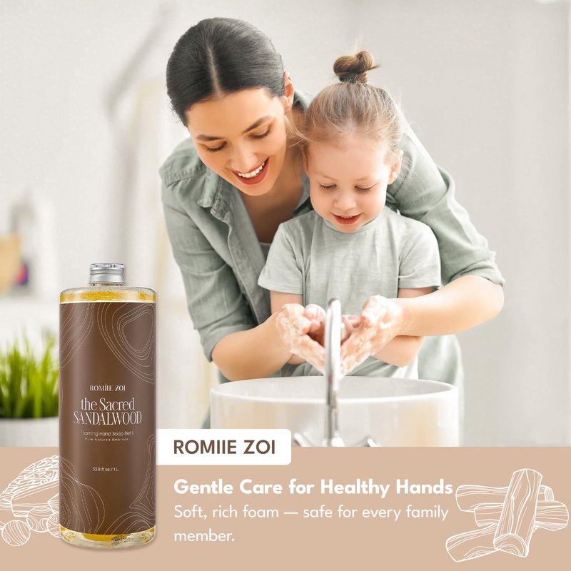 ROMIIE ZOI Foaming Hand Soap Refill Gift Set-3 Pack with Dispenser, Cruelty-Free and Biodegradable Formula, Moisturizing with Essential Oil for Sensitive Skin,Sandalwood Scent,(33.8 Fl Oz x 3)