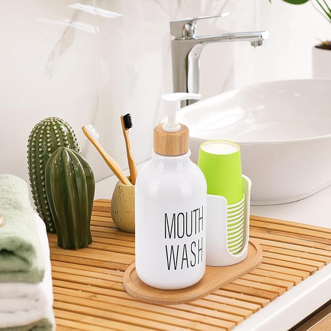 Mouthwash Dispenser with Cup Holder, Plastic White Mouth Wash Pump Bottle with Tray for Bathroom Organizers, 17oz Refillable Clear Mouthwash Container