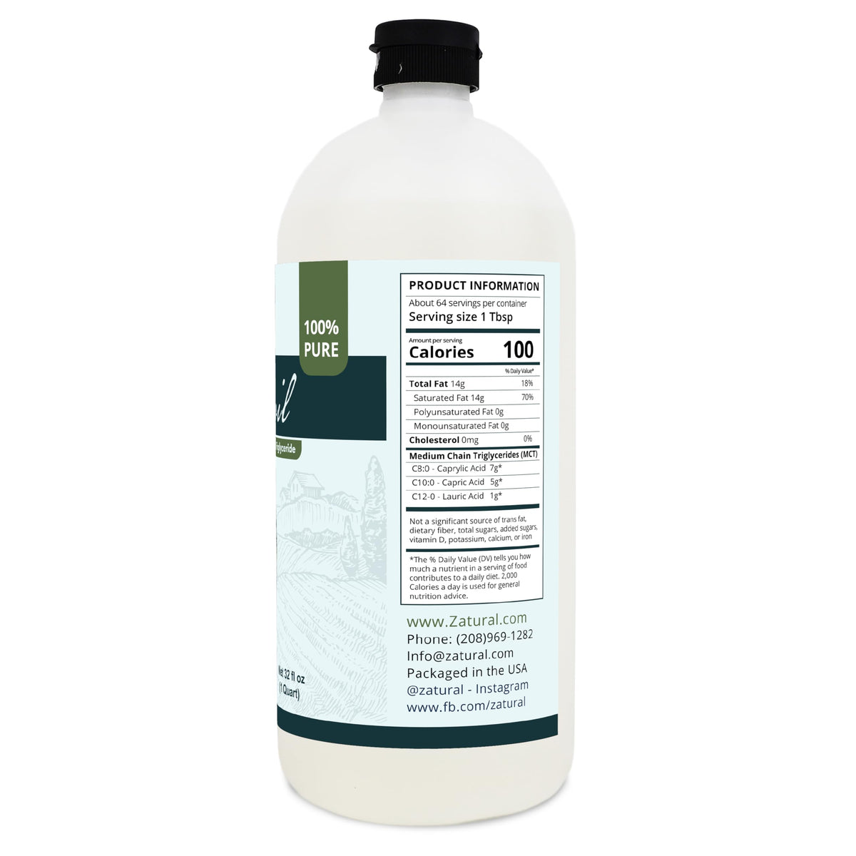 Pure MCT Oil, Carrier, Massage, Hydrating for Hair, Food, and Therapeutic Grade, 32 Oz