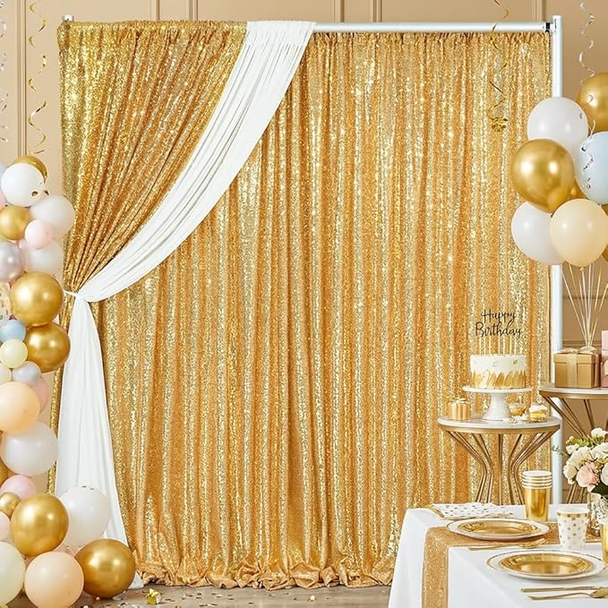 B-COOL Gold Sequin Backdrop Curtains 2 Packs 3.3ftx8ft Gold Sparkle Backdrop Fabric Glitter Background Drapes for Party Ceremony Wedding Birthday Decoration