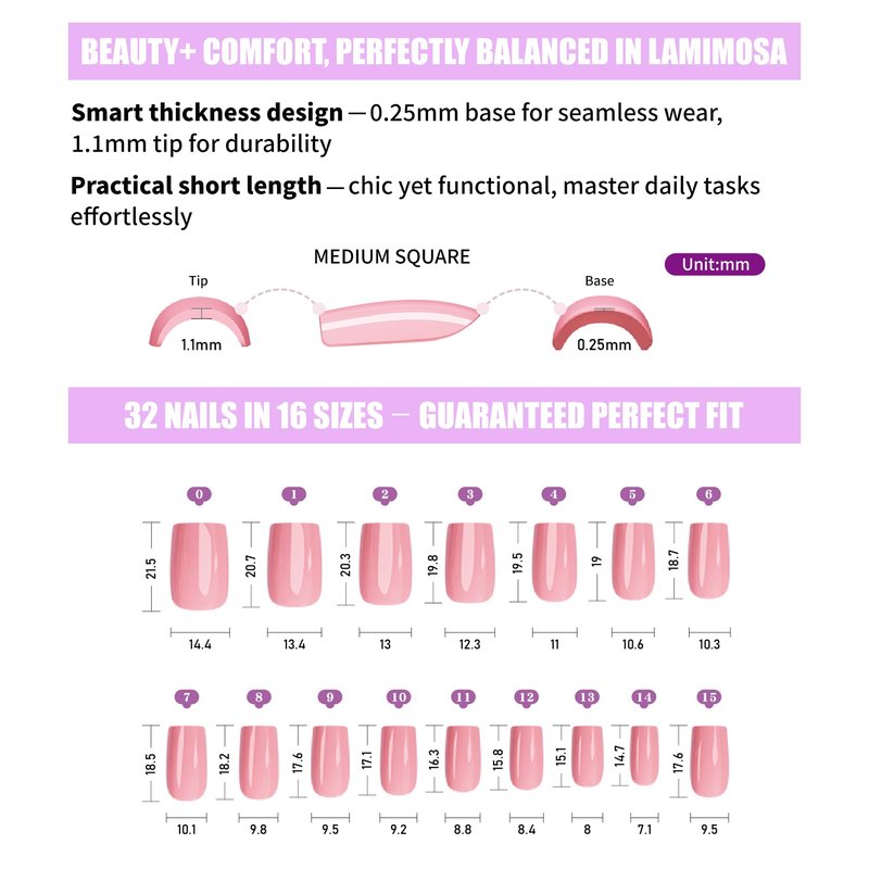 LAMIMOSA 32Pcs French Tip Press on Nails Medium Square – Soft Gel Fake Nails in 16 Sizes, Reusable Semi-Transparent Glue on Nails kit, BALLERINA