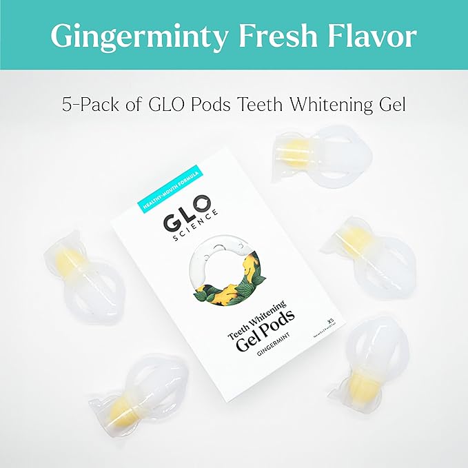 GLO Science Teeth Whitening Gel Pods – Safe, Effective Tooth Whitener with Silicon Brush, 6% Hydrogen Peroxide – Fastest Way to Whiter Teeth, Sensitivity Free – Gingermint Flavor (Pack of 5)