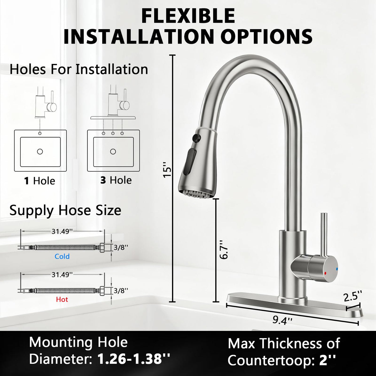 FEELSO Kitchen Faucets with Pull Down Sprayer, High Arc Stainless Steel Single Handle Kitchen Sink Faucet, 1 or 3 Hole Brushed Nickel Water Faucets for Farmhouse Laundry Camper Rv Bar