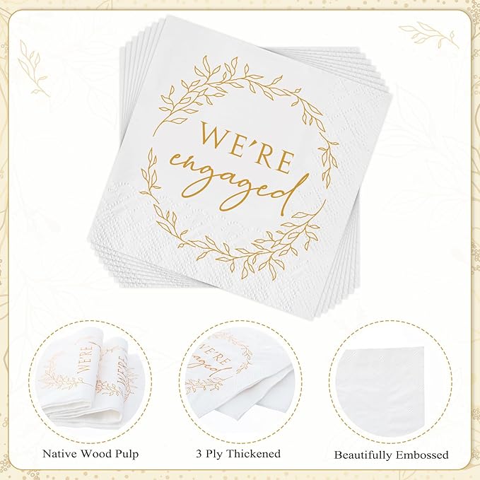 Kosiz 100 Pack We're Engaged Napkins Gift 3 Ply Disposable Paper Engagement Cocktail Napkins for Wedding Party Beverage Dinners Cake Tableware Decorations, 4.5 x 4.5 Inch