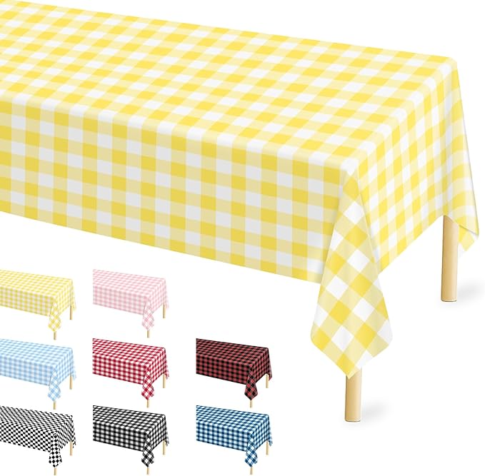 Mulbozy 2 Pcs Yellow and White Checkered Tablecloth, 54 × 108 inches Disposable Yellow Plaid Table Covers Plastic Gingham Tablecloth for Outdoor Picnic Birthday Baby Shower Holdiay Party Decoration