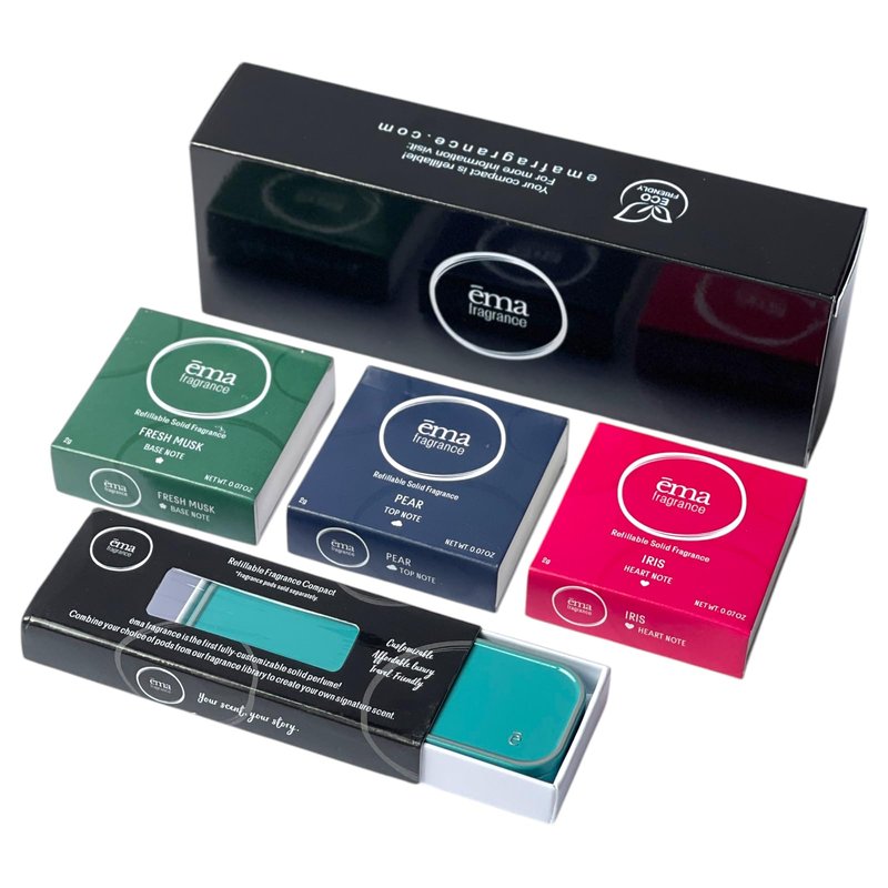 ēma Solid Perfume Travel Set Tuscan Trio: 3 Fragrance Pods (Leather, Tuberose, Fig) with Refillable Compact Case, Vegan, Alcohol-Free, Natural Solid Cologne Balm for Women & Men, Travel Size Perfume