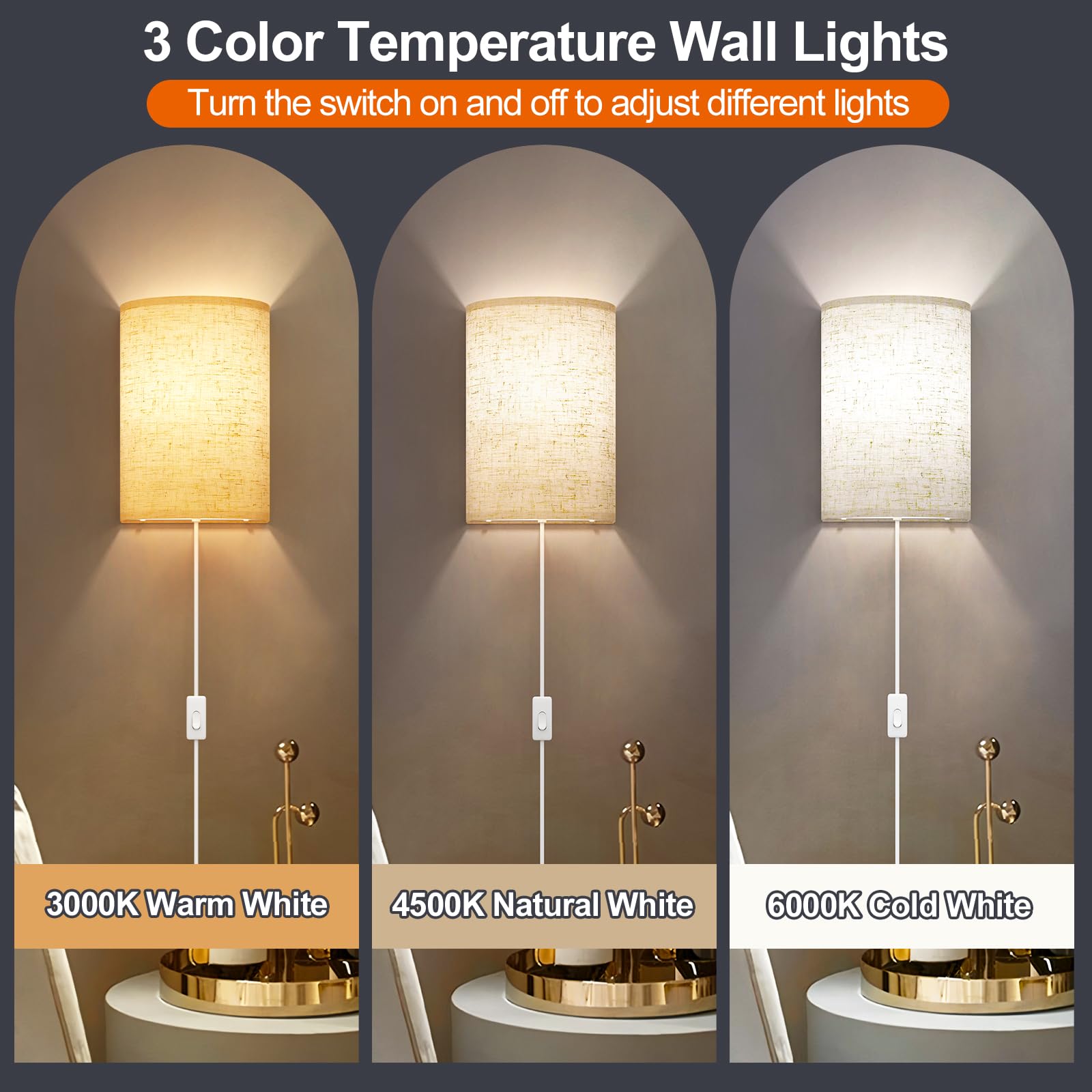 Yunaking Plug in Wall Sconces Set of Two Wall Lights with On/Off Switch
