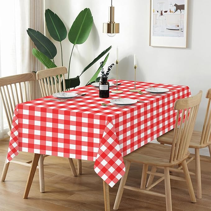 QIKSION Red Gingham Tablecloth Disposable 2 Pack, 54 x 108 Inch Red and White Checkered Table Cloth for Picnic, Outdoor BBQ Decorations, Birthday Party Supplies, Rectangle, Plastic Table Cover