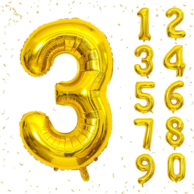 40 Inch Gold Number Balloons, Helium Mylar Foil Number Balloons for Birthday, Number 3 Balloon for 3st Birthday Decorations for Kids, Anniversary Party Decorations Supplies