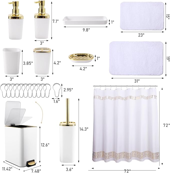 11PCS Bathroom Sets with Shower Curtain and Rugs Bathroom Accessories Set White Bathroom Set,Soap Dispenser & Toilet Brush Holder Set with Stainless Steel Trash Can