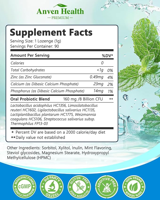 Oral Probiotics Lozenges for Mouth Bad Breath & Gum Repair - Mineral Fusion with Zinc + Calcium for Dry Mouth Relief, Enamel Shield, Mint Flavor with Xylitol - 90 Lozenges, Sugar-free