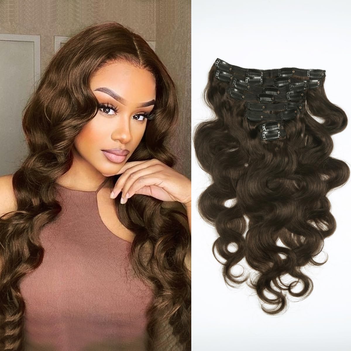Clip in Hair Extensions Real Human Hair 16 Inch Remy Human Hair Extensions for Women Double Weft Seamless Clip ins Brazilian Body Wave Virgin Human Hair Extensions 8Pcs 100g 20 Clips Dark Brown