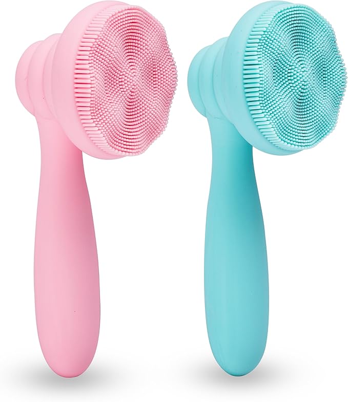 2 PC Silicone Facial Cleansing Brush Facial Scrubber Manual Exfoliating Facial Brush Face Cleanser Face Exfoliator Ultrafine Bristles for Sensitive Skin Easy to Clean Lather Well(Pink&Green)