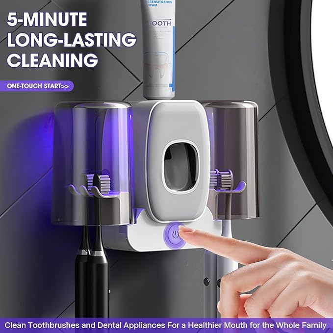 3 in 1 Toothbrush Cleaner Holders,Rechargeable Wall Mounted Toothbrush Holder Toothpaste Dispenser Automatic 2 Cups Tooth Brush Holder for Bathroom, No Drilling, 4 Slots (Grey)
