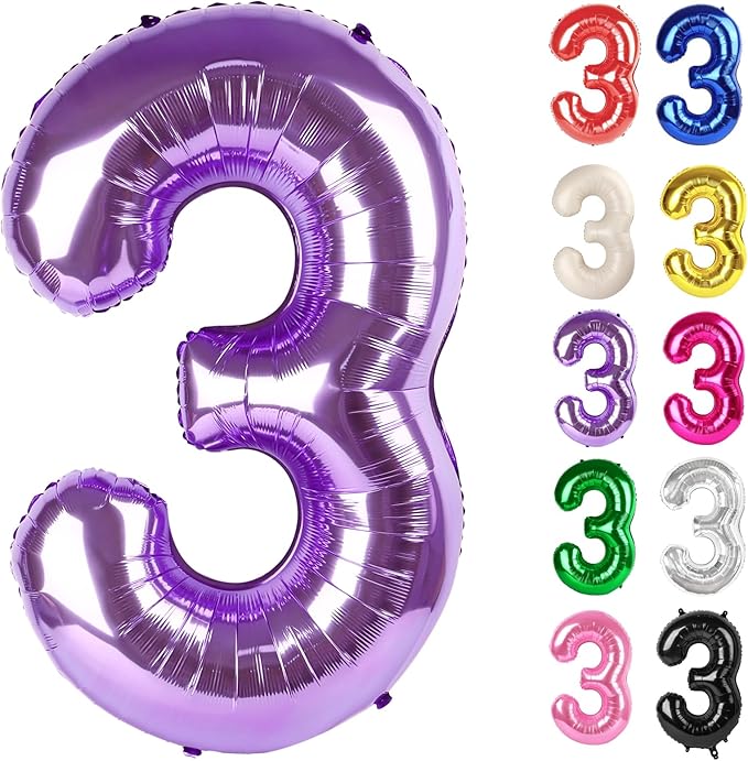 Purple Number 3 Balloon 40 Inch, 3 Balloon Number, 3rd Birthday Decorations, Purple Party Supplies for Boys Girls