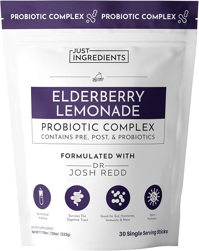 Elderberry Lemonade 3‑In‑1 Probiotic Complex – 30‑Stick Drink Mix with Prebiotics, Probiotics & Postbiotics – 5 Billion CFU Spore Strains + Lemon Extract – Immune, Gut & Digestive Support