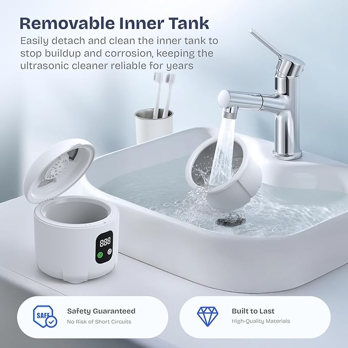 2025 Ultrasonic Retainer Cleaner- 45KHz 25W Portable Denture Cleaner with Drying Function and Removable Inner for Dentures, Mouth Guards, Aligners, Jewelry and More