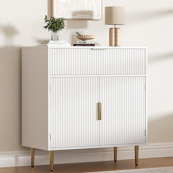 Coffee Bar Cabinet with 2 Doors & Drawer, Sideboard Buffet with Adjustable Shelves, Accent Liquor Cabinet with Storage, Console Table for Living Dining Room, White