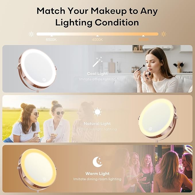 Makeup Mirror with Lights, 5000 mAh Rechargeable Double Sided Magnifying Vanity Mirror with 3 Colors, 1x/20x, 360° Rotation , Brightness Adjustable Magnification Lighted Makeup Mirror, Women Gift