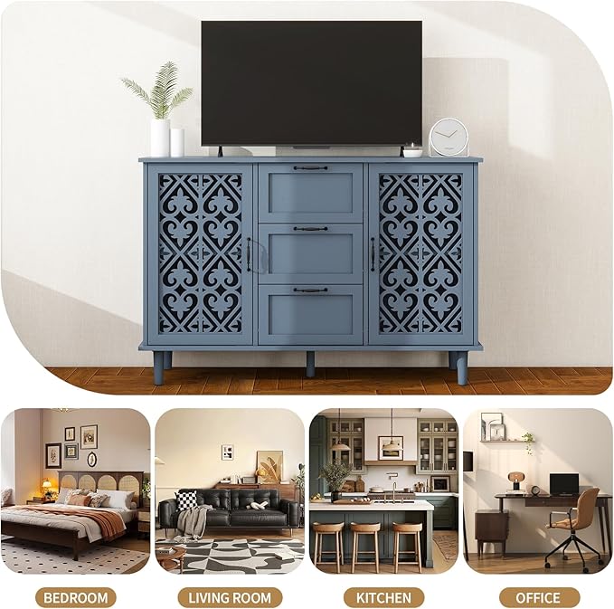 Sideboard Buffet Cabinet with Storage - Accent Storage Cabinet American Furniture, Modern 2 Door 3 Drawer Cabinet, Farmhouse Wood Credenza for Living Room, Dining Room, Entryway (Blue)
