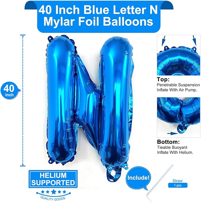 Lovoir 40 Inch Large Blue Letter N Balloons Big Size Jumbo Mylar Foil Helium Balloon for Birthday Party Celebration Decorations Alphabet Blue N