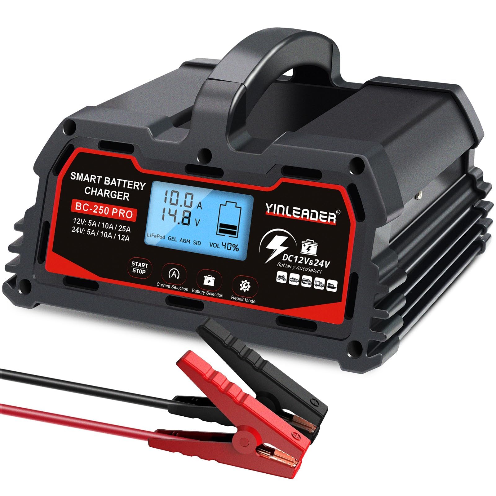 Battery Charger 25A, 12V/24V Lead Acid Smart Battery Charger, 12V LiFePO4 Car Battery Trickle Charger, Automatic Battery Maintai