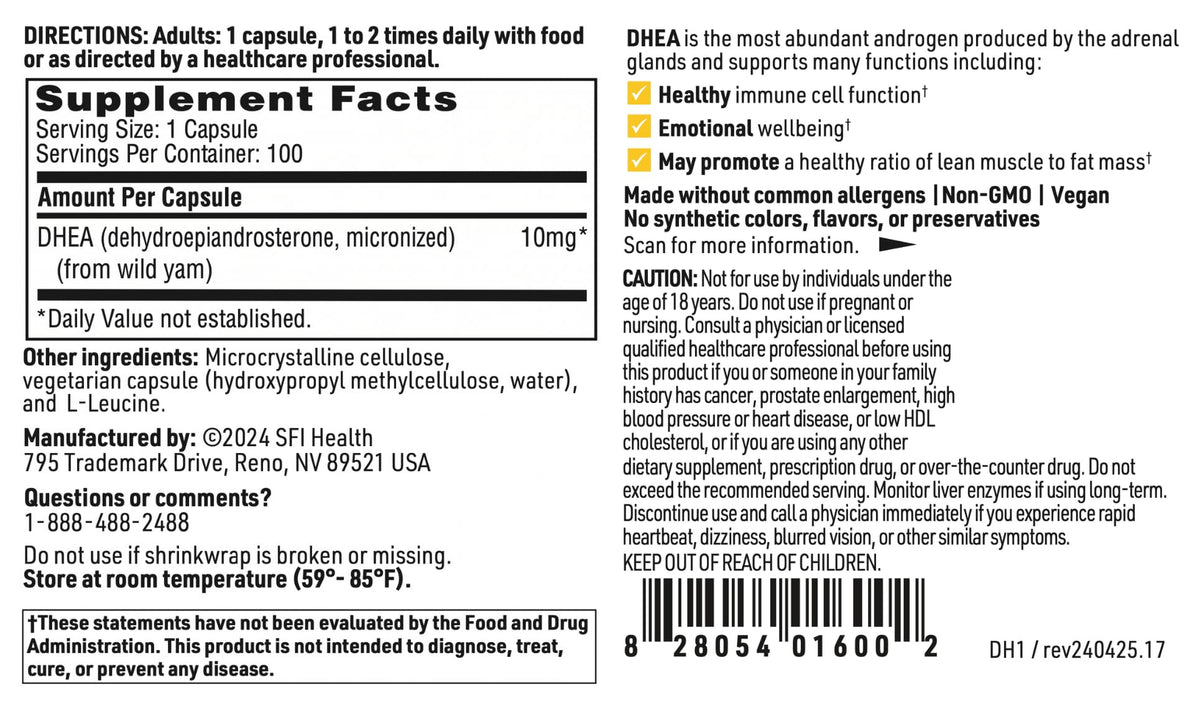 SFI Health Klaire Labs DHEA 10mg - Dehydroepiandrosterone Derived from Wild Yam - Micronized for Superior Absorption - Soy-Free, Hypoallergenic Supplement for Men & Women (100 Capsules)