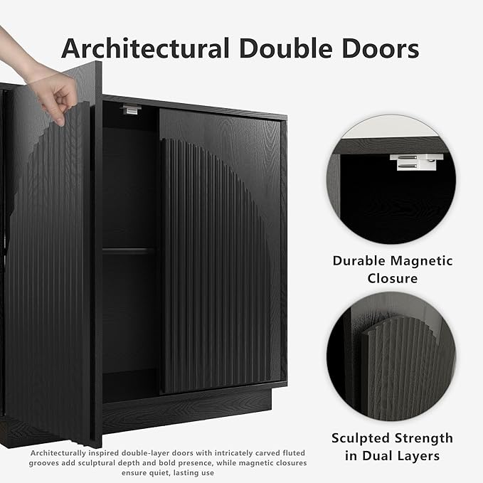 win2win Fluted Sideboard Buffet Cabinet with Storage, 31.5" Modern Accent Cabinet with Double-Layered Arch Doors, Small Wood Console Credenza for Living Room, Dining Room, Entryway, Hallway, Black