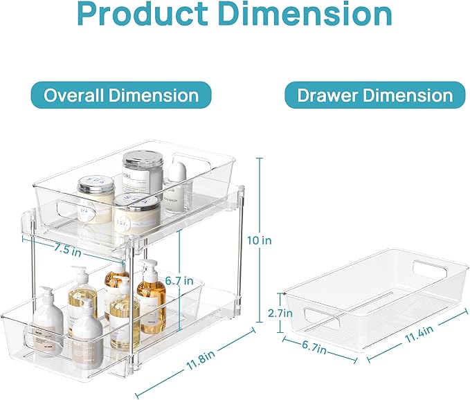 Vtopmart 2 Tier Bathroom Storage Organizer, 2 Pack Clear Under Sink Organizers Vanity Counter Container, Cabinet Drawers Bins, Pull-Out Organization with Track for Pantry, Kitchen