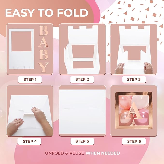 Baby Shower Decorations – Rose Gold Baby Shower Boxes with Letters, Baby Blocks with Rose Gold, Pink, and White Balloons – 44-Piece Party Set for Boys and Girls by Vellax®